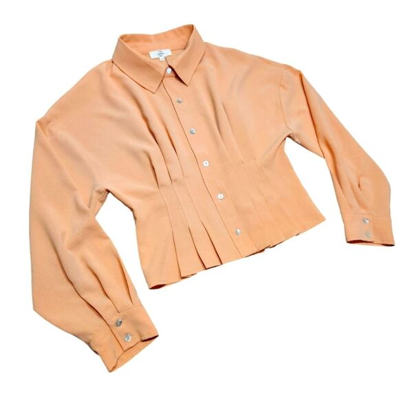 Entro Blouse Pleated Peplum Top Button Down Orange Balloon Sleeve‎ Crop Cinch M - Picture 1 of 14